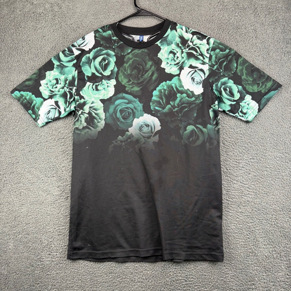H&M Divided Womens Medium‎ Green Floral Rose Mesh Jersey Graphic T-Shirt Black